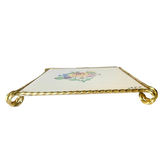 Vintage Tile Pot Holder Trivet with Metal Stand made Czchoslovakia hand painted. - Picture 6 of 9